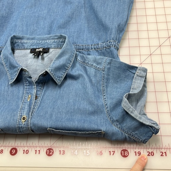 PAIGE Mila Cap SLV Drawstring Waist Cotton Denim Chambray Mini Shirtdress SZ M - Picture 15 of 16